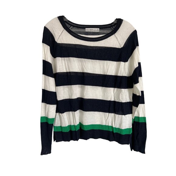 Zara Knit Striped Sweater Navy & Green Contrast Hem - Picture 1 of 4